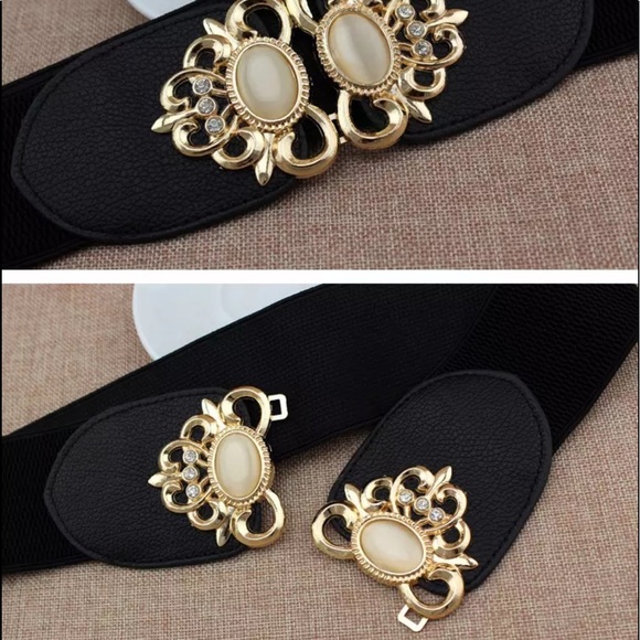 Elastic Leather Gemstone Wide Fashion Belt - Picture 3 of 11